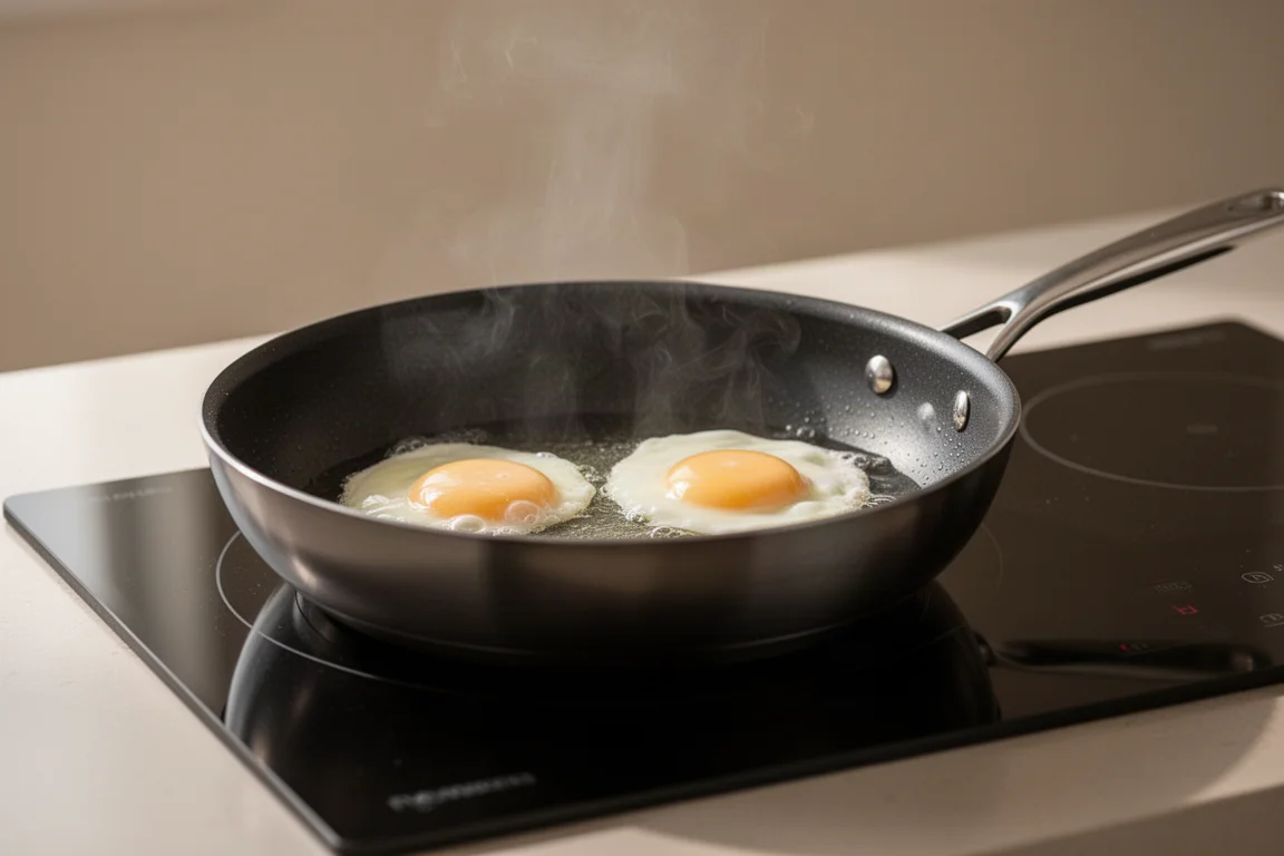 Fry pan cooking eggs on an induction cooktop with gentle steam rising