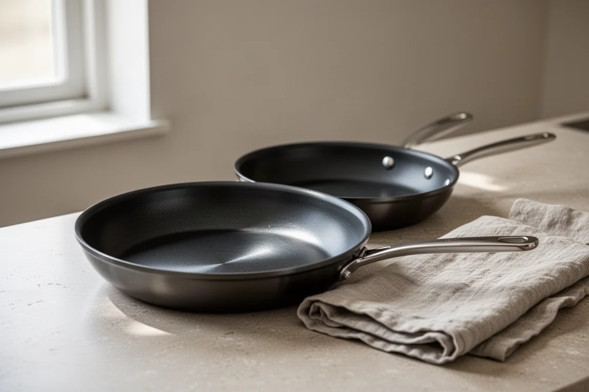 Hard-anodized non-stick frying pans stacked on a kitchen counter