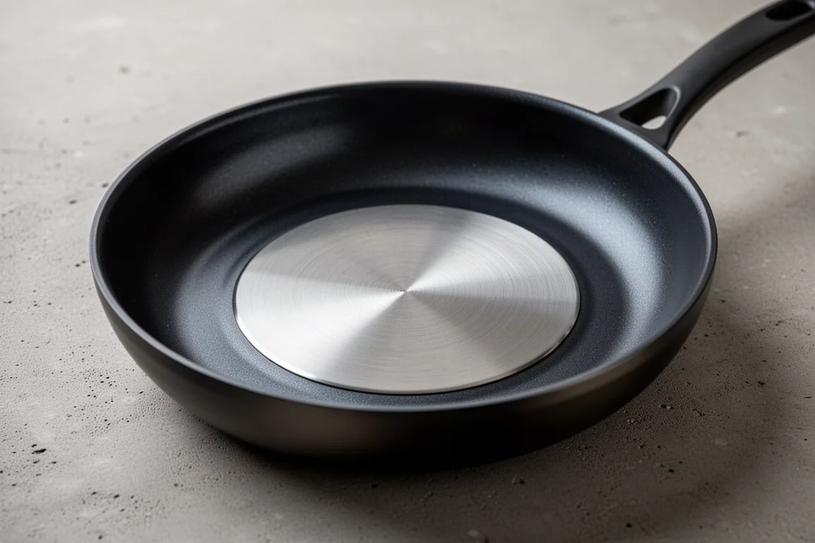 Close-up of the steel induction plate on the base of a non-stick pan