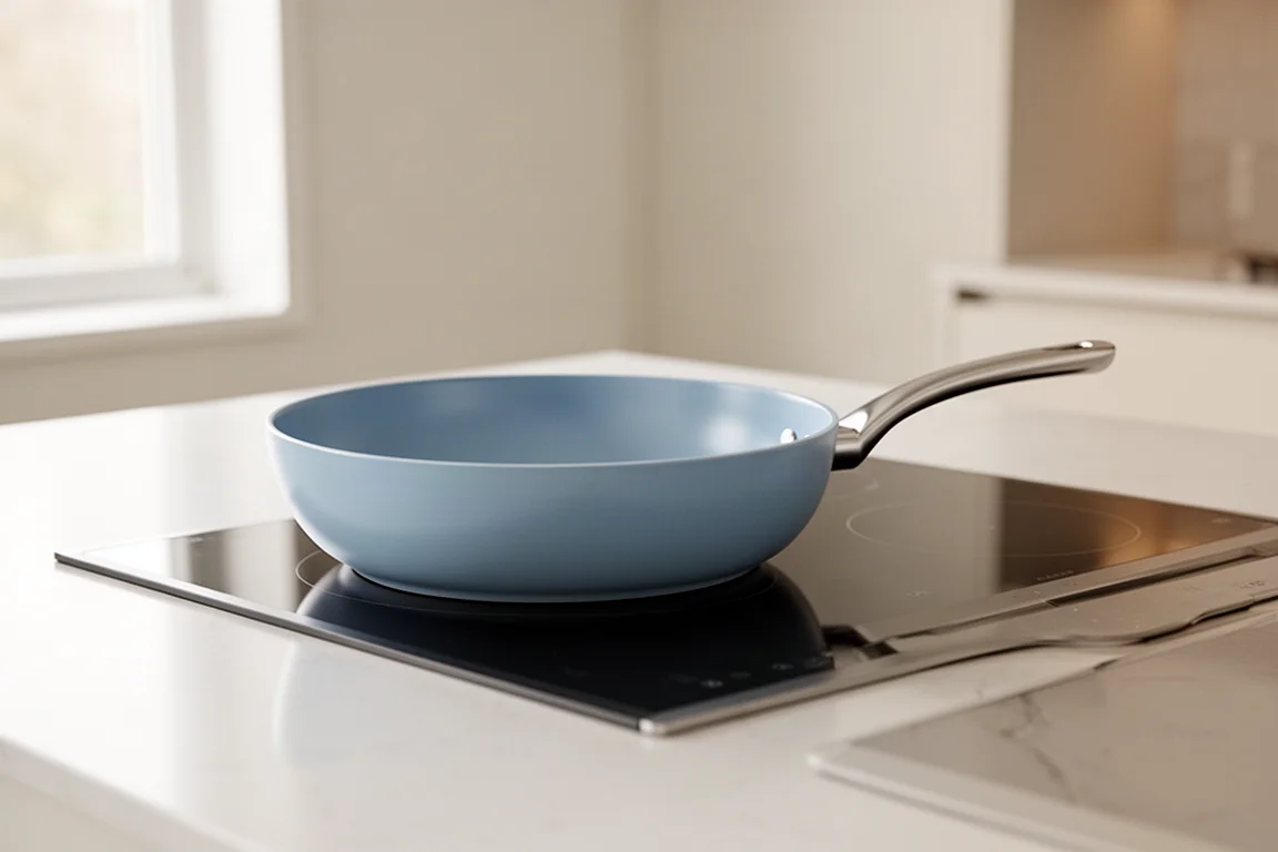 Colored ceramic-coated pan on a stovetop in a bright kitchen