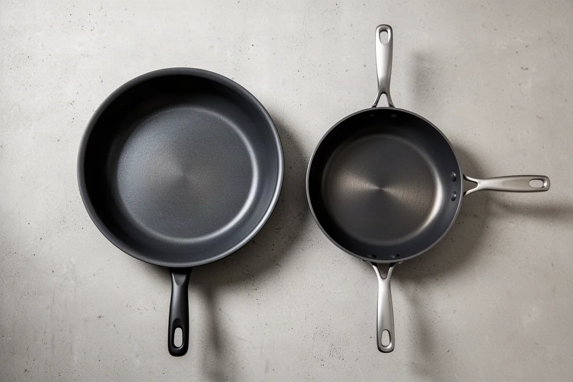 Two pans of different sizes side by side showing weight and size contrast