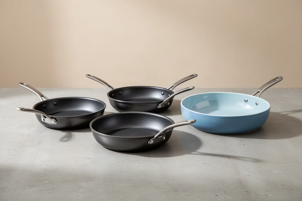 Three All-Clad style frying pans including dark non-stick and colored ceramic models on concrete