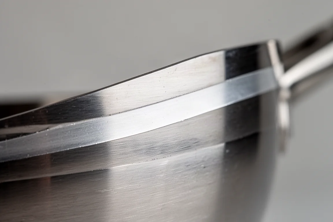 Primer plano del borde de una sartén de acero inoxidable mostrando la construcción laminada en capas