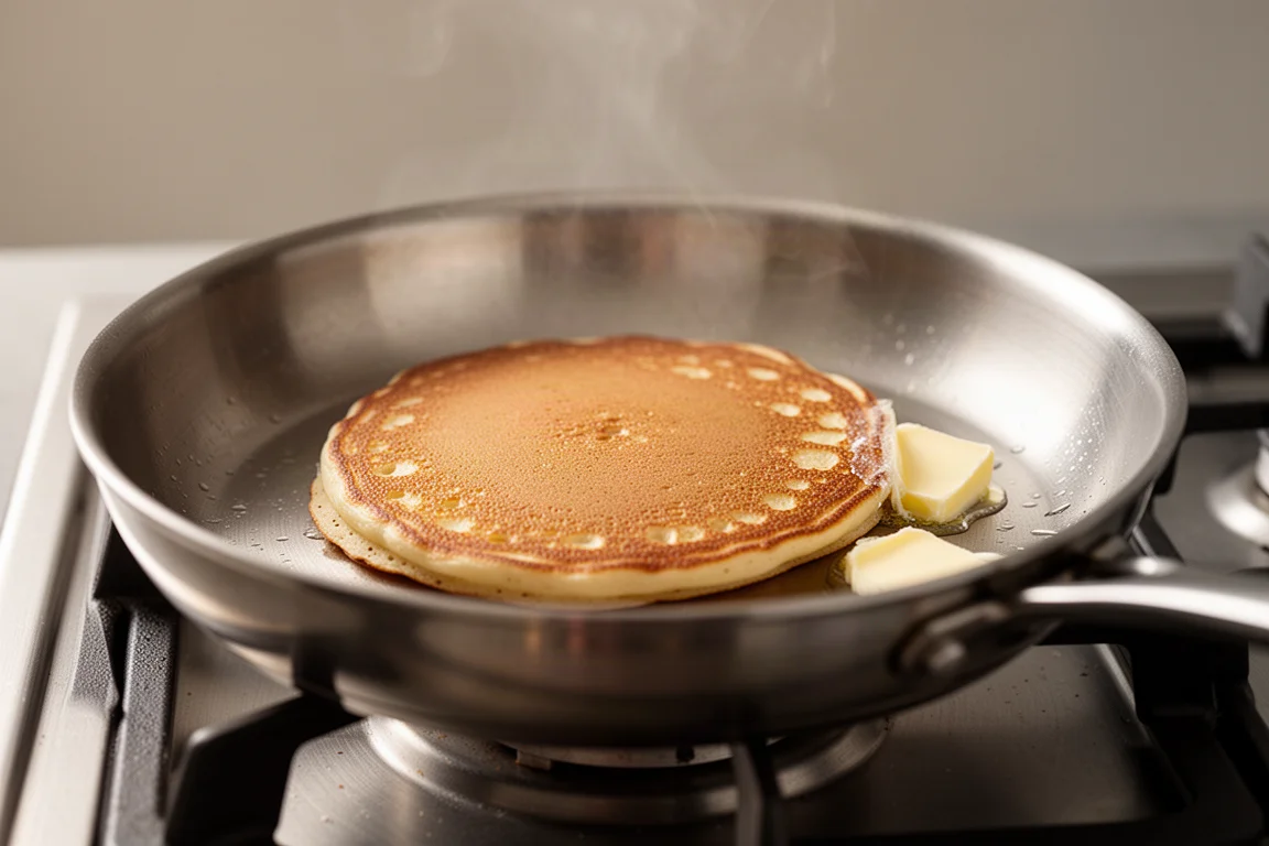 Tortita dorada cocinándose en una sartén de acero inoxidable sobre la estufa