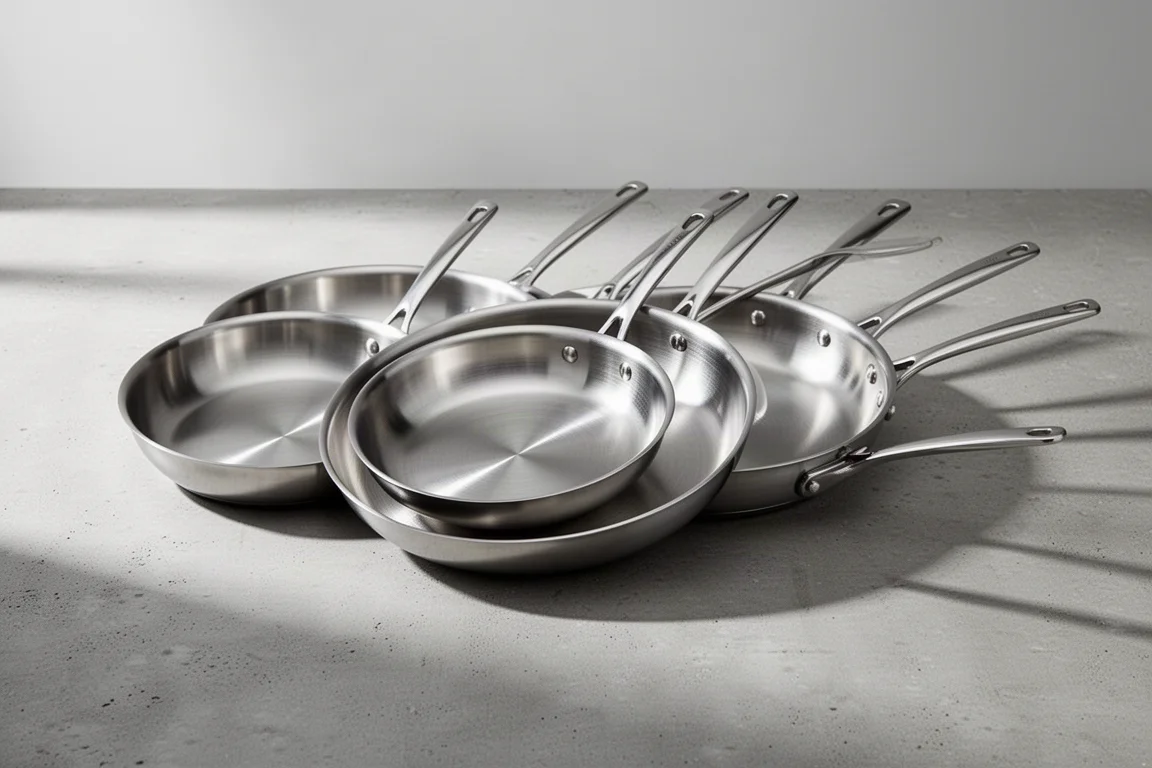 Row of premium stainless steel frying pans arranged on a concrete surface