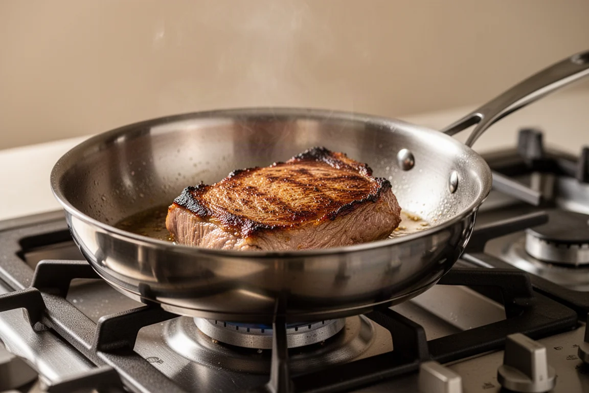 Stainless steel skillet searing meat on a modern stovetop