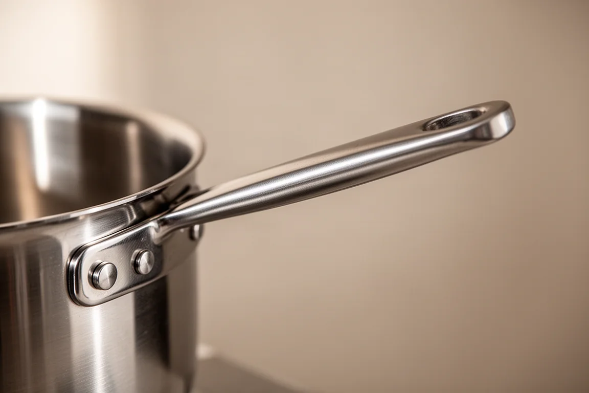 Close-up of a long stainless steel cookware handle with rivets