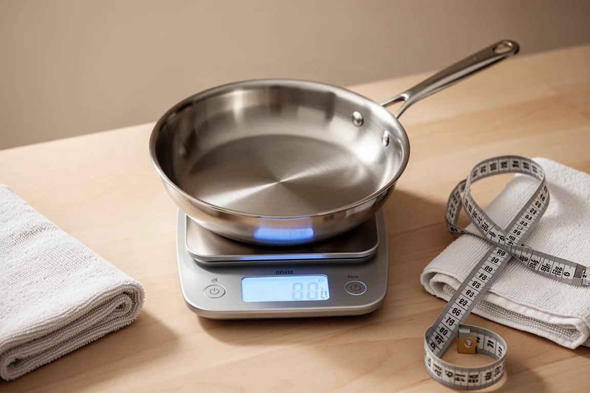 Kitchen scale weighing a stainless steel frying pan