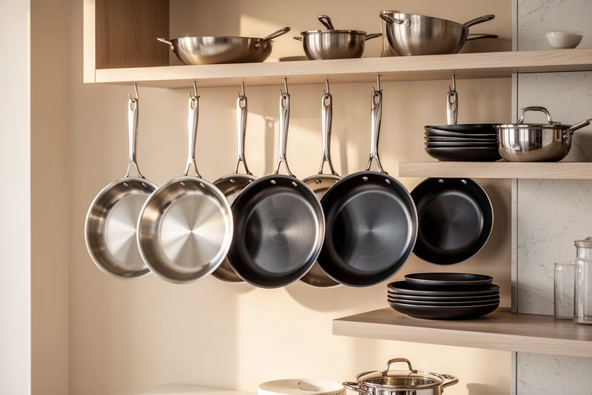 Cookware set stored neatly on open kitchen shelving