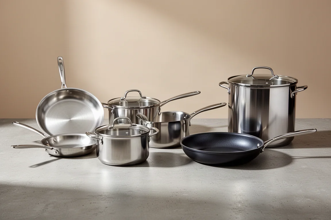 Five stainless steel and non-stick cookware pieces arranged on a concrete surface