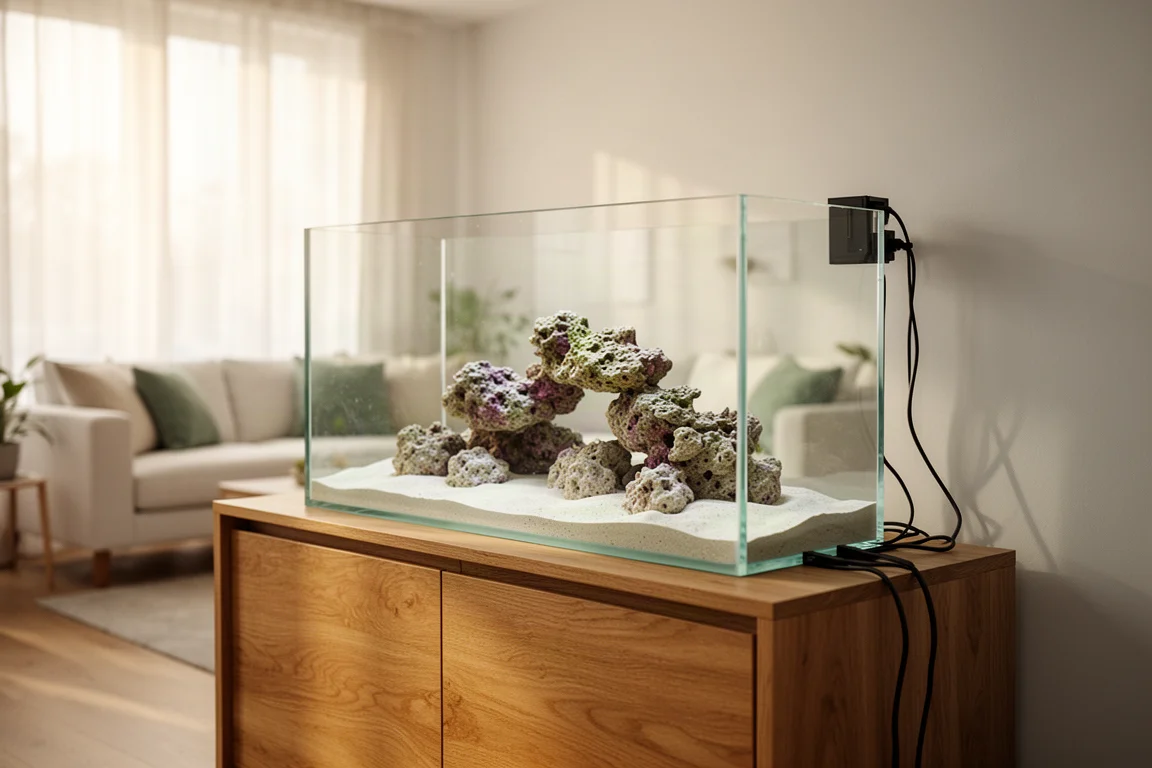 Rimless reef aquarium on a low oak cabinet in a bright living room with tidy cable routing