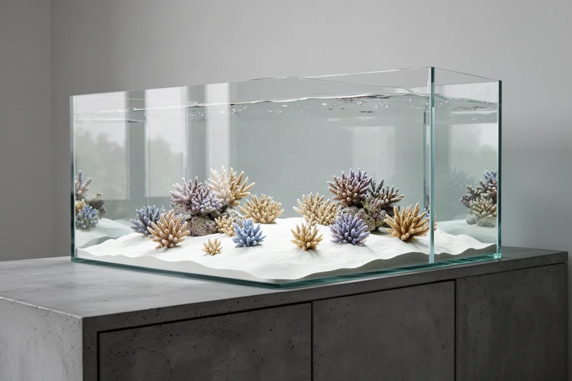 Wide shallow glass reef tank on a concrete console with branching coral colonies