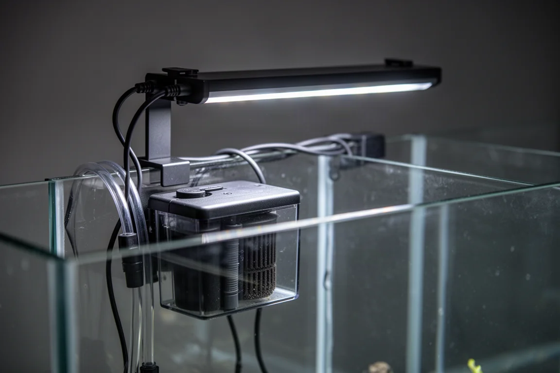 Detail of a glass aquarium rear chamber with filtration compartment and neatly bundled cables