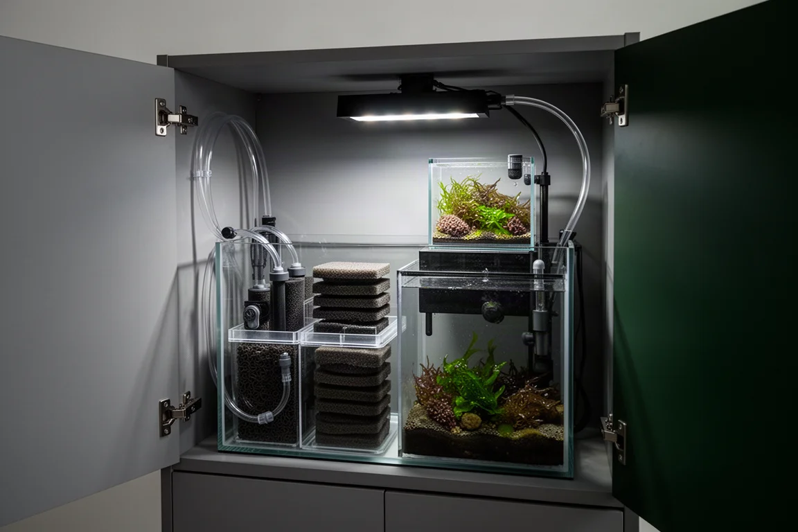 Open aquarium cabinet interior with organised sump compartment, tubing and refugium light