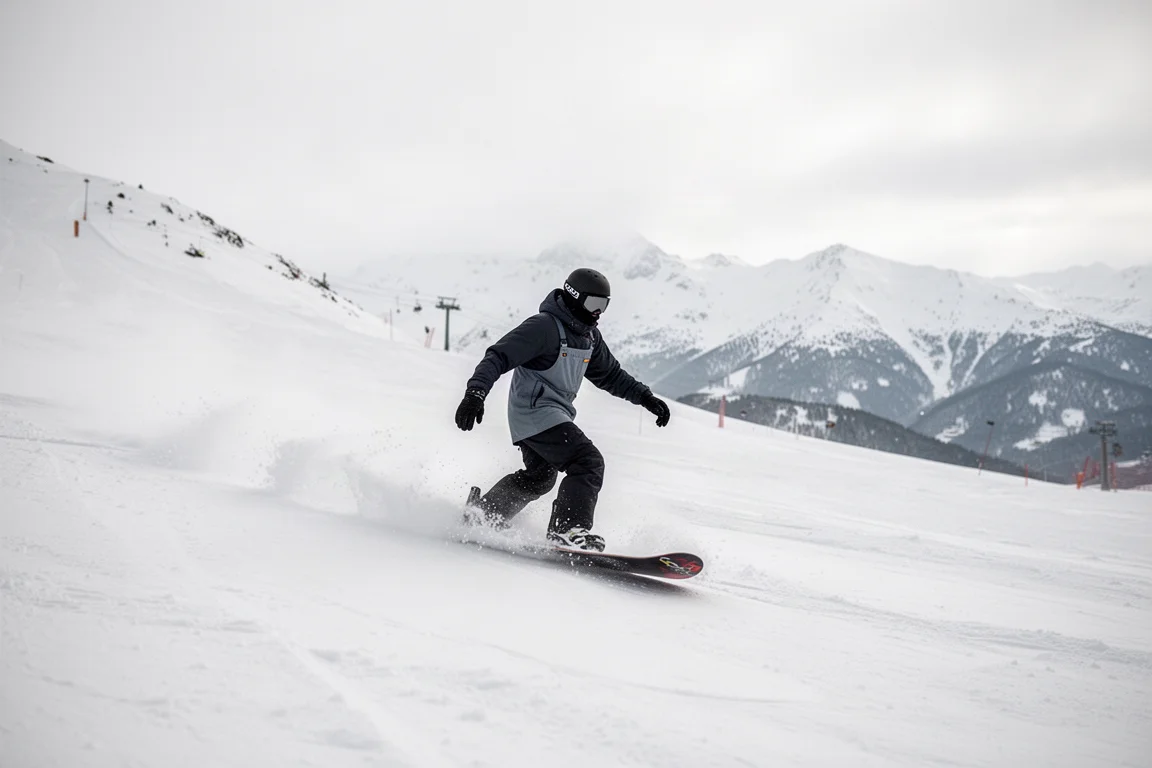 单板滑雪者身穿深色背带裤,在宽阔的高山雪坡上切过新雪
