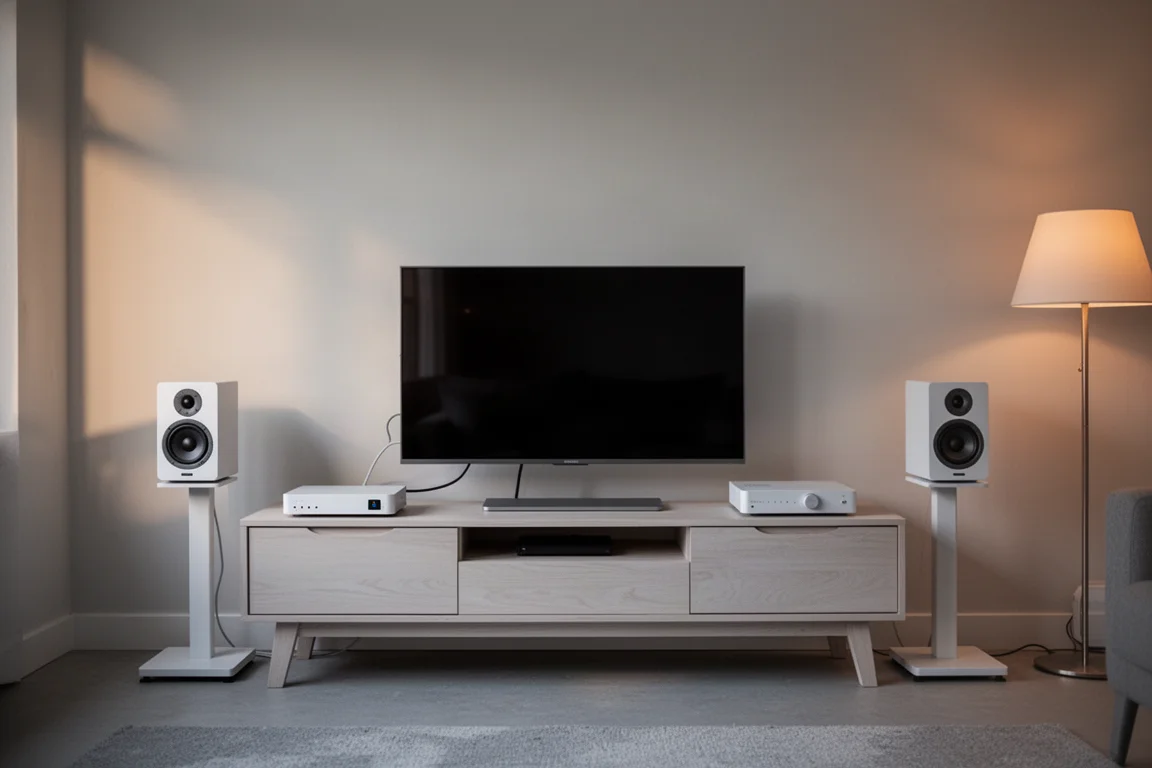 Woonkamer in de schemering met een televisie, compacte streamingversterker en witte standmount-luidsprekers op stands