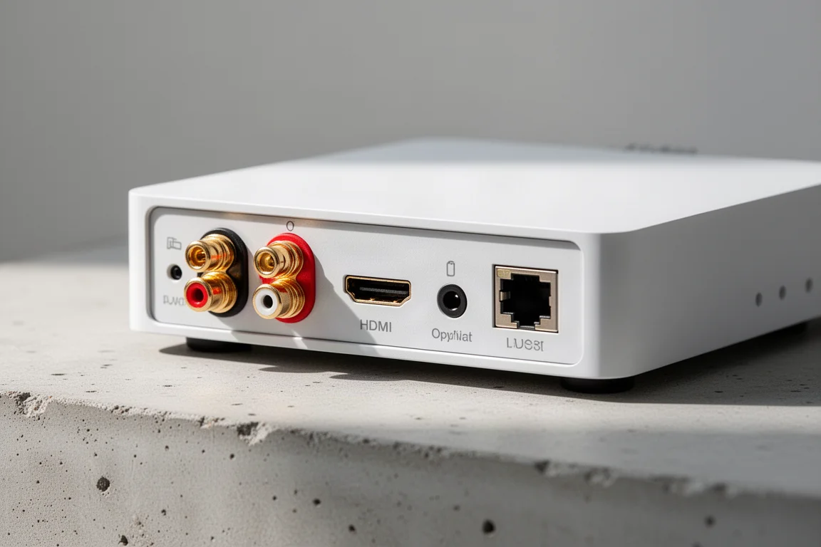 Close-up van de aansluitingen op het achterpaneel van een compacte witte streamingversterker