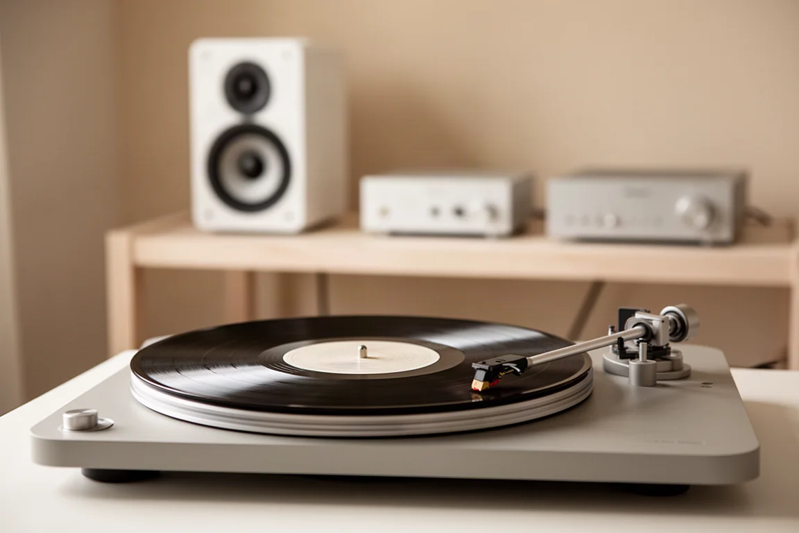 Vinylplaat die draait op een platenspeler met witte standmount-luidsprekers wazig op de achtergrond