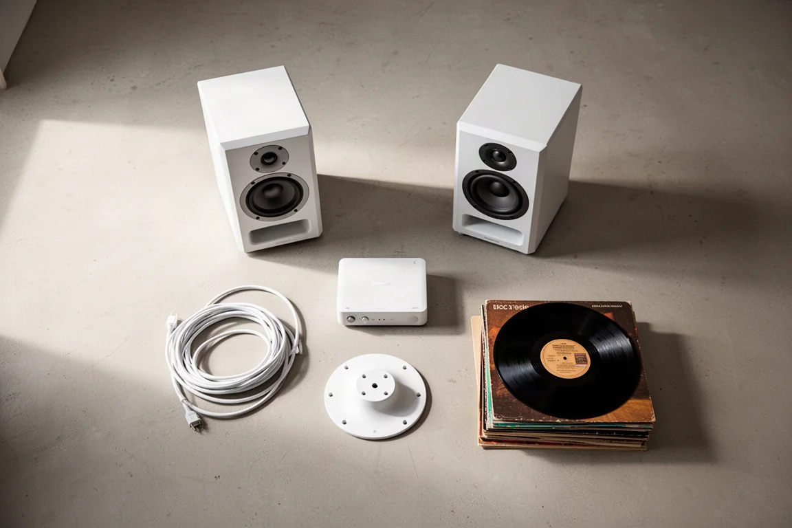 Plat bovenaanzicht van witte hifi-componenten, luidsprekerkabel en vinylplaten op beton