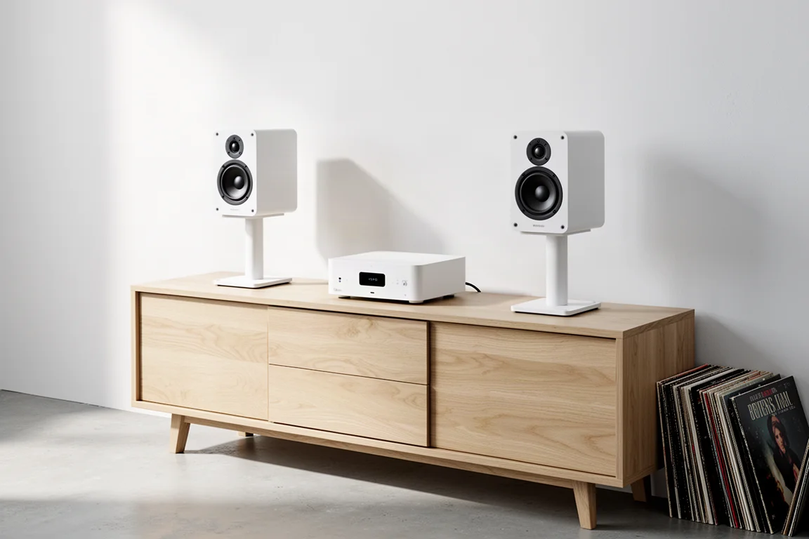 All-white streaming hi-fi system with white standmount speakers on stands and a compact amplifier