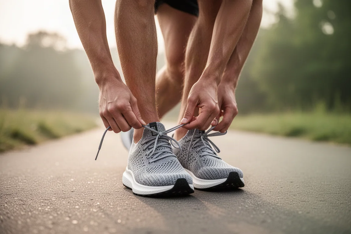 Corredor amarrando um par de tênis de corrida de tricô antes de uma corrida matinal