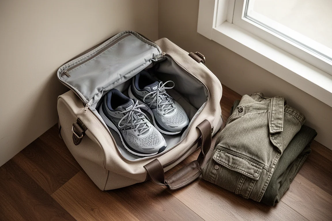 Tênis de corrida guardados de forma leve em uma mala de viagem aberta