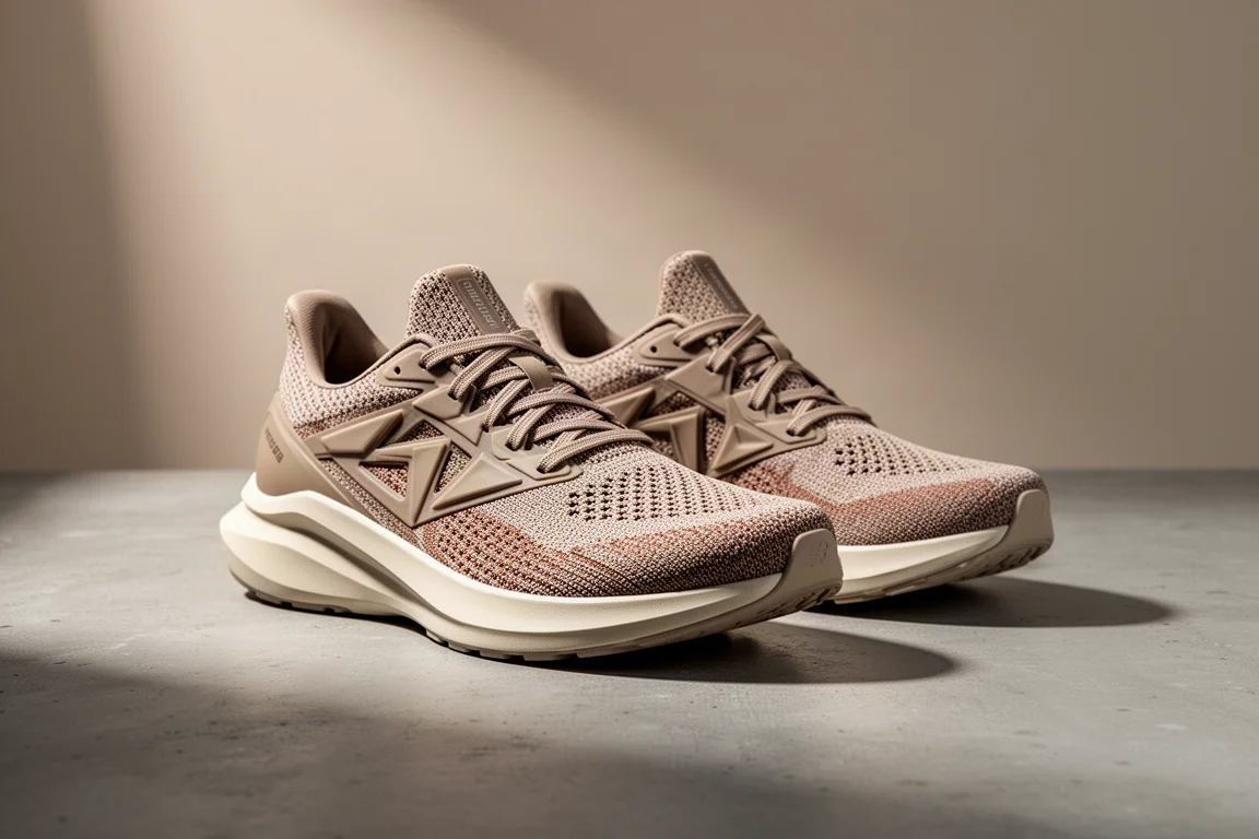 Pair of Allbirds Flyer running shoes on a matte concrete surface