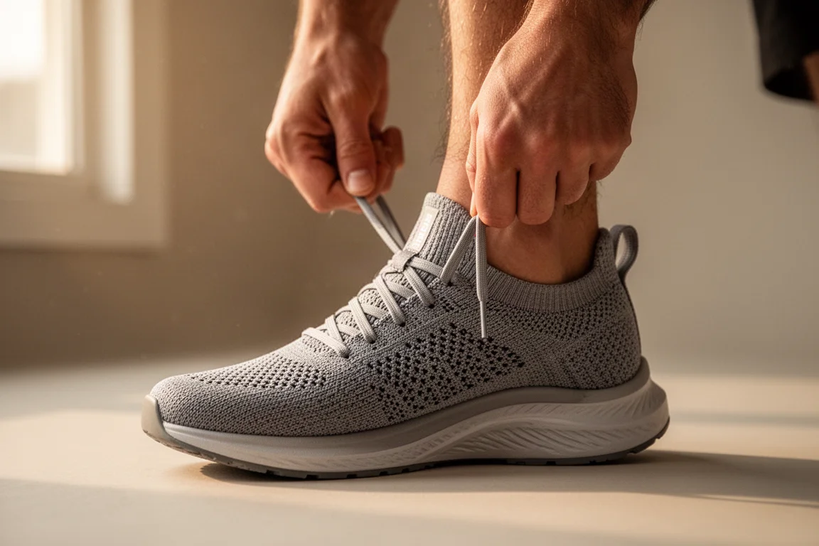Läufer schnürt einen Strick-Laufschuh bei hellem Tageslicht