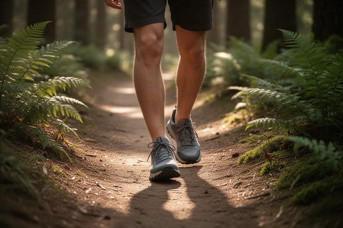 Escursore informale che cammina su un sentiero sterrato in una foresta con luce calda