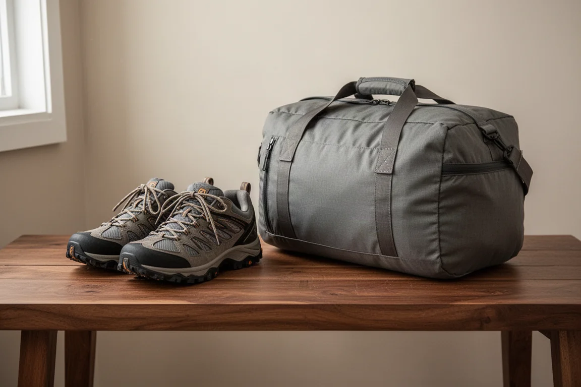 Scarpe da trail appoggiate accanto a una piccola borsa da viaggio su una panchina di legno