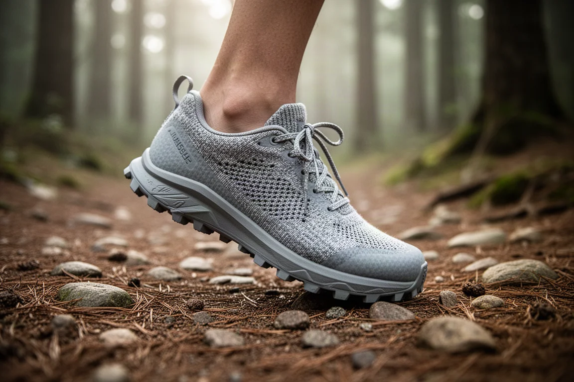 Corredor caminando por un sendero forestal con una zapatilla de trail en primer plano