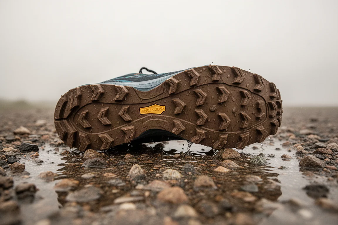 Suela de una zapatilla de trail mostrando los tacos sobre grava mojada