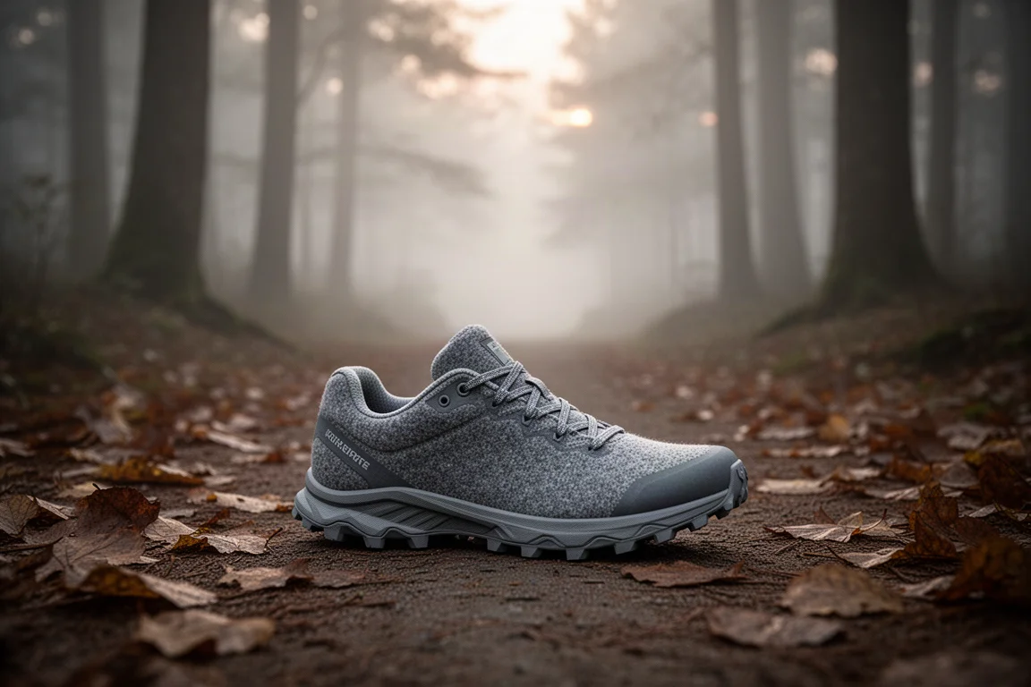 Zapatilla de trail apoyada en un camino forestal al atardecer junto a hojas caídas