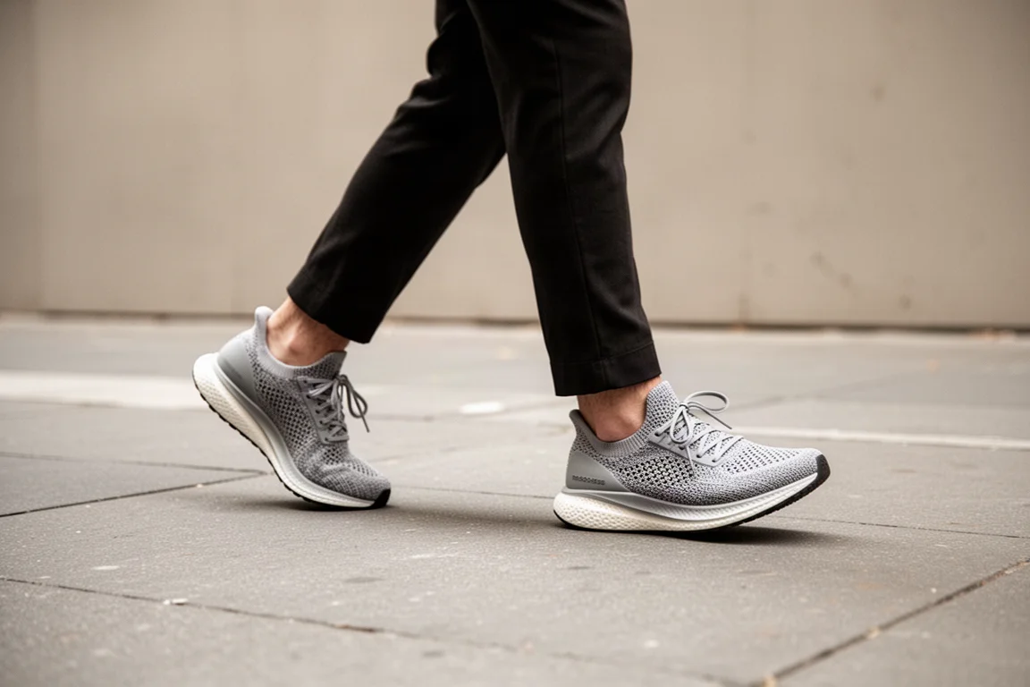 Person walking on a city sidewalk wearing knit running shoes