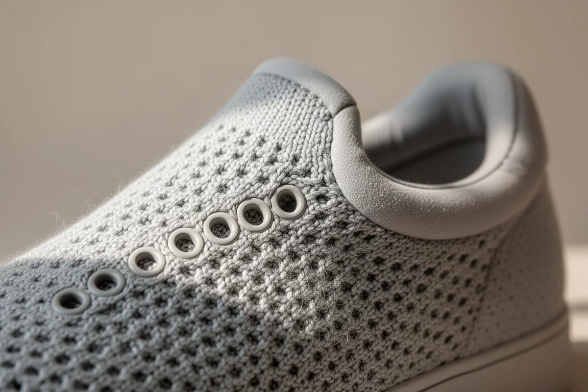 Close-up of knit shoe upper showing lacing eyelets