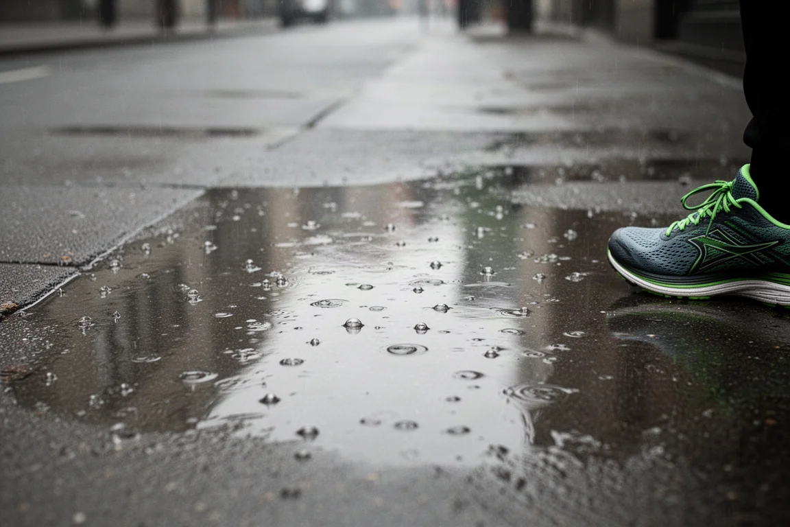 Rain-soaked sidewalk with reflective wet surface