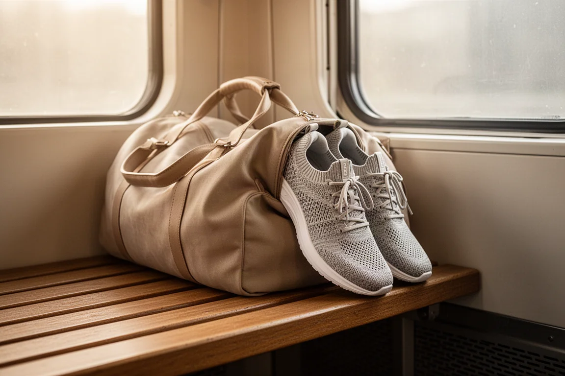 Packed travel bag with shoes beside a train window