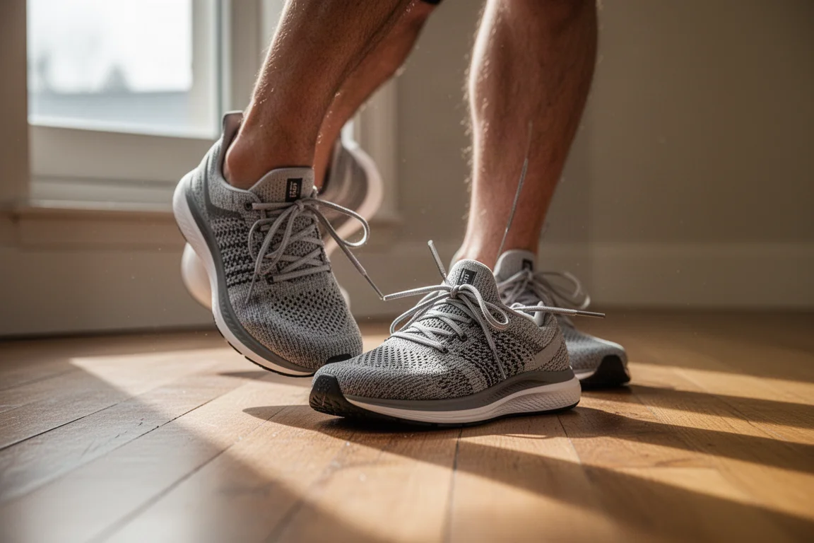 Hardloper die een paar everyday running shoes vastmaakt voor een ochtendtraining