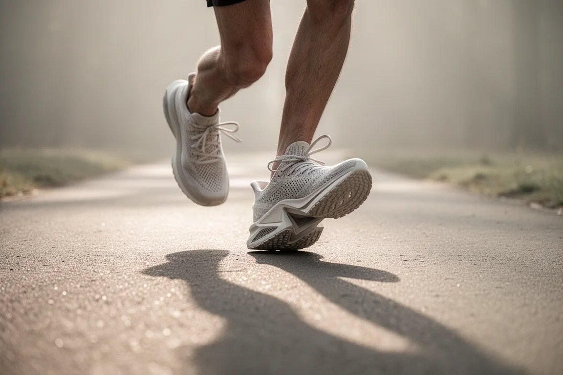 Piedi di un runner con scarpe da running in maglia su una tranquilla strada pavimentata nella morbida luce del mattino