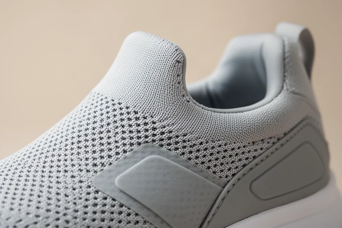 Primo piano della tomaia in maglia di una scarpa da running con texture e imbottitura del tallone