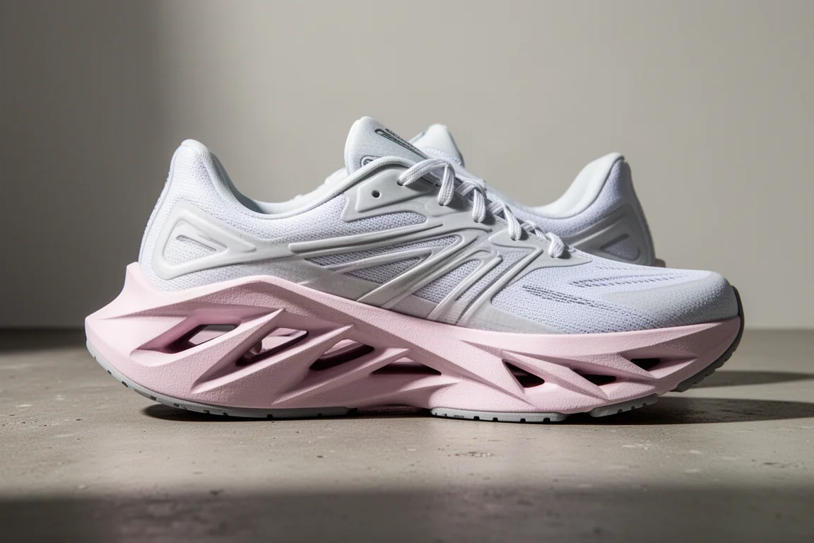 Geometria angolare della intersuola di una scarpa da running vista di lato su una superficie in studio