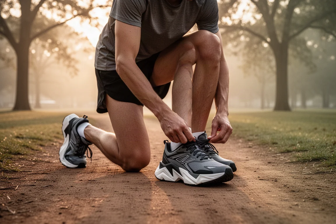 Runner che si allunga dopo una corsa facile su un sentiero del parco all'ora dorata