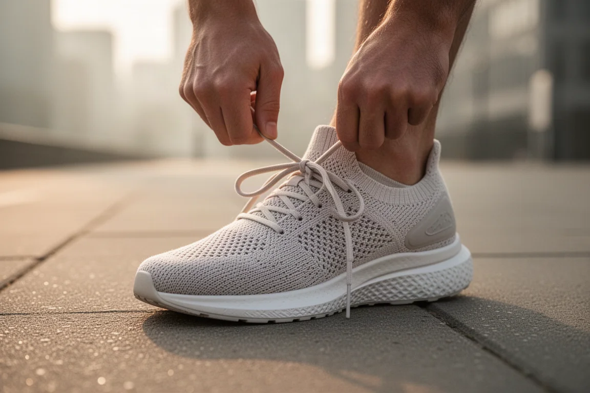 Un runner allaccia le stringhe di una scarpa da running in maglia su un marciapiede urbano