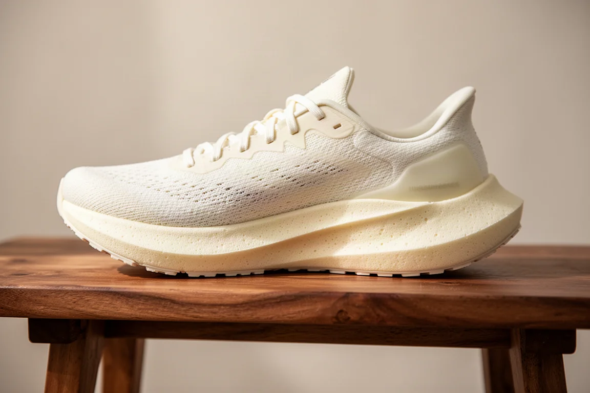 Primo piano della mesola texturizzata di una scarpa da running con la densità della schiuma visibile