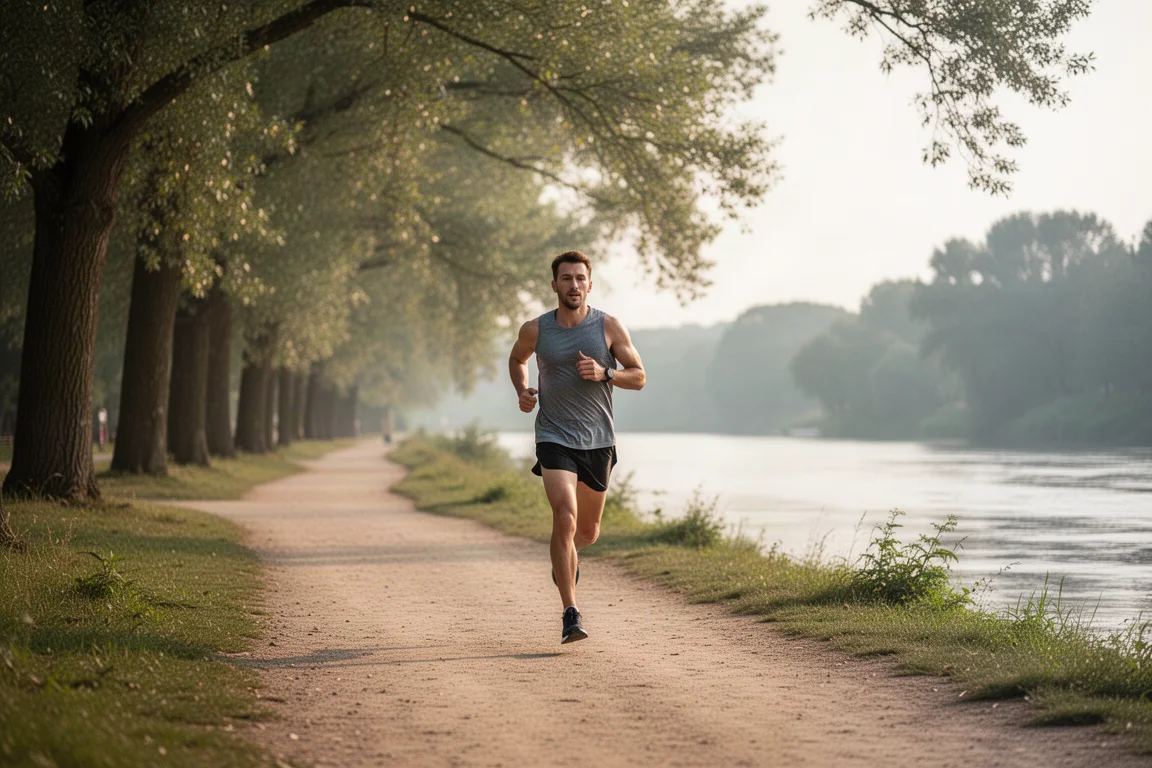 Un runner correndo a ritmo lento lungo un sentiero fiume compatto