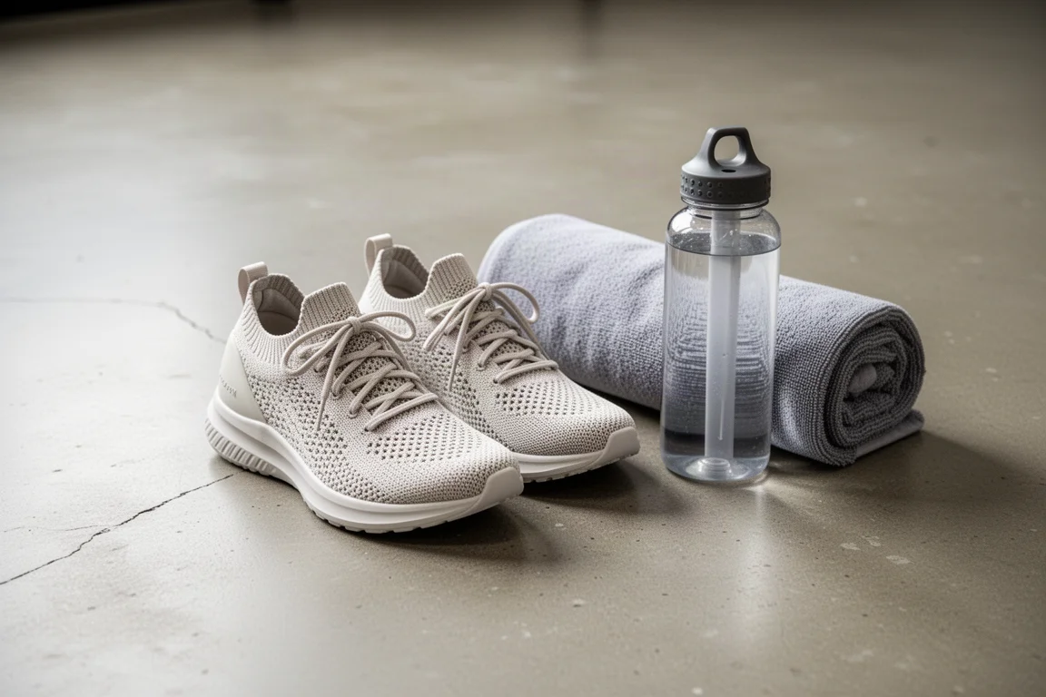 Scarpe da running e attrezzi da palestra su un pavimento da training