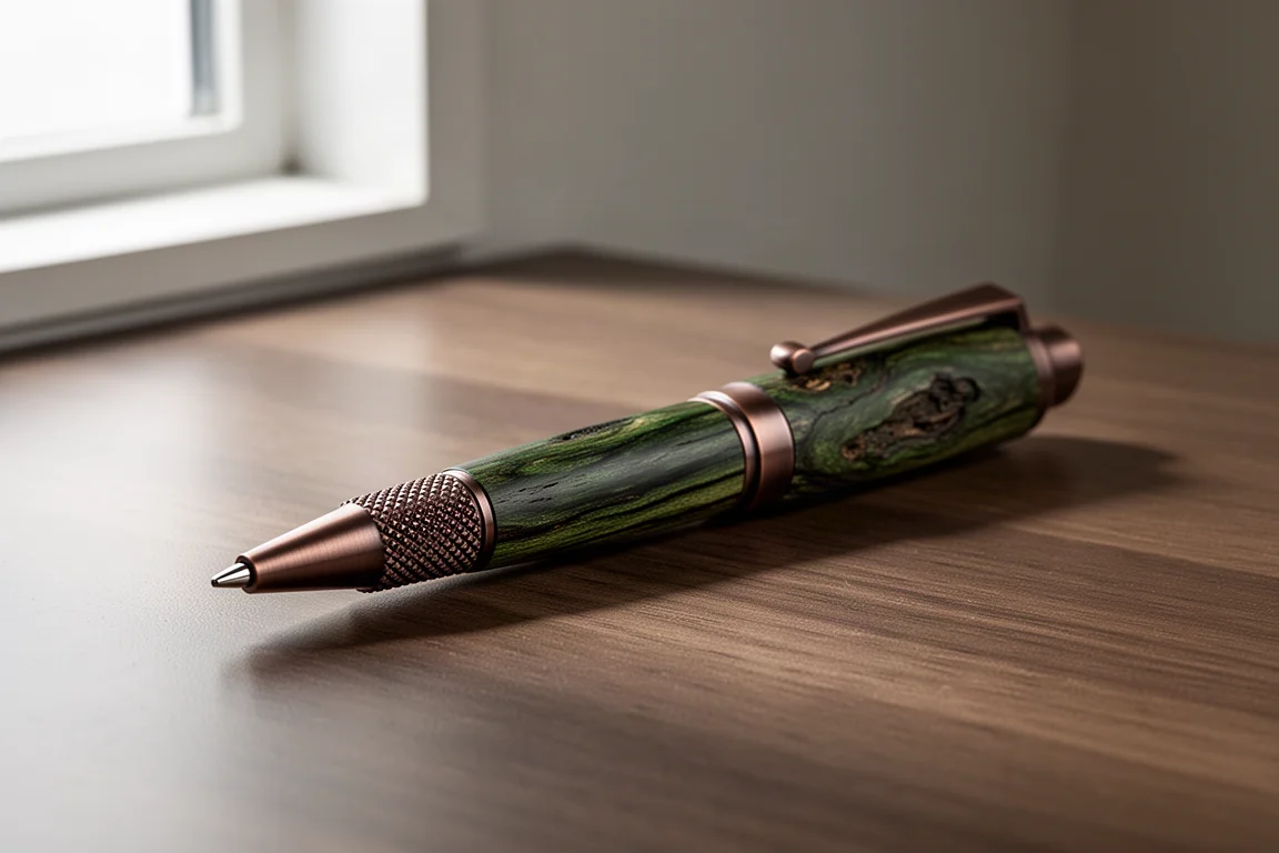 Allegory Ancients pen with green ancient wood barrel and bronze hardware on a wooden desk