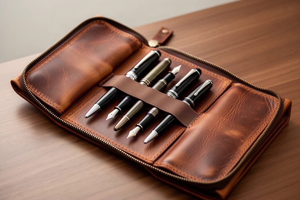 Manos abriendo un estuche de cuero marrón para revelar los aros elásticos para plumas