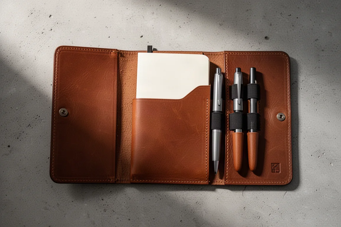 Un cuaderno A5 deslizado en el bolsillo interior de un estuche de cuero