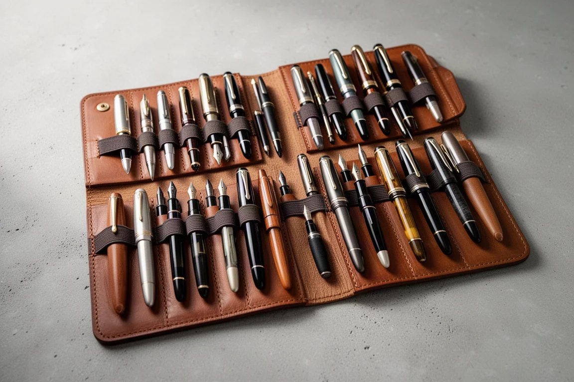 Un estuche de cuero A4 grande lleno de filas de plumas estilográficas
